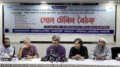 বাংলাদেশ আউটসোর্সিং কর্মচারী কল্যাণ পরিষদ আয়োজিত গোলটেবিল বৈঠকে বক্তা ও অতিথিরা