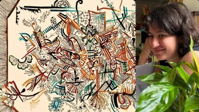 এলিজ গ্রোজোঁ (ডানে) ও তার শিল্পকর্ম (বামে)