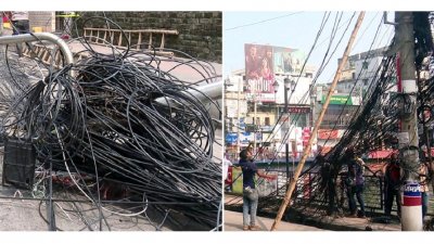 বিদ্যুতের খুঁটিতে বিপজ্জনকভাবে ঝুলে থাকা ইন্টারনেট ও কেবল অপারেটেরদের তার