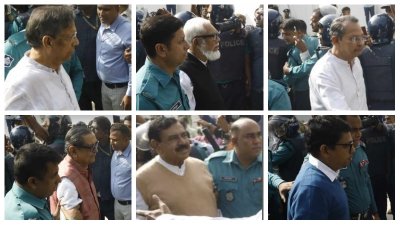 পুলিশের হেফাজতে আনিসুল হক, সালমান এফ রহমান, রাশেদ খান মেনন, হাসানুল হক ইনু, শাজাহান খান, জুনাইদ আহমেদ পলক। ছবি: সাজ্জাদ হোসেন