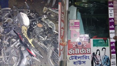 ধাওয়া পাল্টা-ধাওয়ার ঘটনায় ভাঙচুর করা মোটরসাইকেল ও দোকান