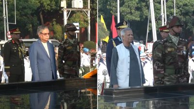 শিখা অনির্বাণে শ্রদ্ধা নিবেদন করছেন রাষ্ট্রপতি মো. সাহাবুদ্দিন ও প্রধান উপদেষ্টা ড. মুহাম্মদ ইউনূস (ছবি: সংগৃহীত)