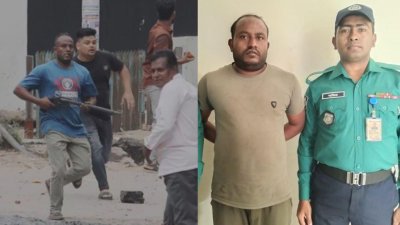 অস্ত্র হাতে যুবলীগ কর্মী ফরিদ ও পাশের ছবি গ্রেফতারের পর