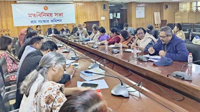 ﻿শ্রম সংস্কার কমিশনের সঙ্গে মতবিনিময় সভায় শ্রমিক অধিকার, মানবাধিকার ও নারী অধিকার সংগঠনের নেতারা (ছবি: সংগৃহীত)