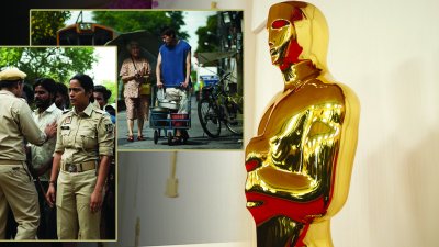 অস্কার ট্রফির সঙ্গে ‘সন্তোষ’ ও ‘হাউ টু মেক মিলিয়ন্স বিফোর গ্র্যান্ডমা ডাইজ’ ছবির দৃশ্যের কোলাজ