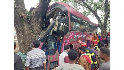রাস্তার পাশে থাকা একটি গাছে ধাক্কা দেয় যাত্রীবাহী বাস