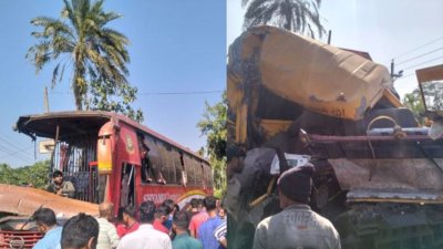 বরিশালের গৌরনদী উপজেলায় দুটি যাত্রীবাহী বাস ও তেলবাহী ট্যাংক-লরির সংঘর্ষে ২০ জন আহত