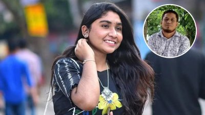 ছাত্রলীগ নেত্রী সুরাইয়া ইয়াসমিন ঐশী, ইনসেটে অধ্যাপক ড. রুহুল আমিন