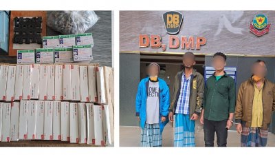 জব্দ করা ভেজাল ওষুধসহ গ্রেফতাররা