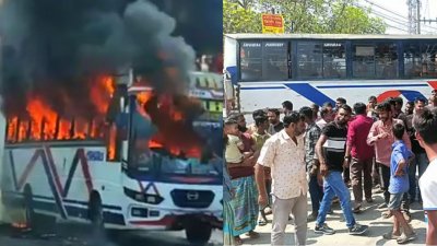 জামালপুর সদর উপজেলায় যাত্রীবাহী বাসের ধাক্কায় ইজিবাইকের এক যাত্রী নিহত ও আহতের ঘটনায় বিক্ষুব্ধ লোজজন বাস আগুন ধরিয়ে দেন