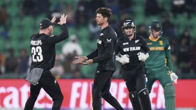ডুসেনকে বোল্ড করে স্যান্টনারের উদযাপন