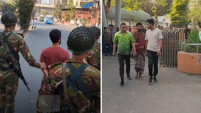 যুবককে আটক করে নিয়ে যাচ্ছে সেনা সদস্যরা (বামে), রিকশা চালককে ছাড়িয়ে নিয়ে আসছেন উপদেষ্টা আসিফ মাহমুদ