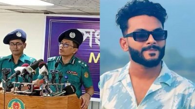 সংবাদ সম্মেলনে কথা বলছেন ডেপুটি কমিশনার এম এম শাকিলুজ্জামান, পাশে নিহত তাজকীর আহমেদ