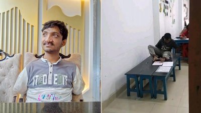 পা দিয়ে লিখে  হাজী মোহাম্মদ দানেশ বিজ্ঞান ও প্রযুক্তি বিশ্ববিদ্যালয়ের ভর্তি পরীক্ষার মেধাতালিকায় স্থান করে নিয়েছেন মানিক রহমান