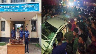 গ্রেফতার চালক রোকনুজ্জামান মিয়া (বাঁয়ে), ঘটনাস্থলে ভিড়