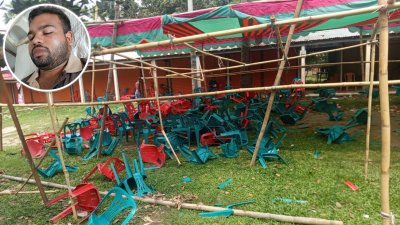 সভামঞ্চ ও চেয়ার ভাঙচুর, ইনসেটে আহত চিত্রসাংবাদিক রকি হোসেন