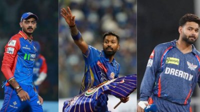 বামে দিল্লি অধিনায়ক অক্ষর, মাঝে মুম্বাই অধিনায়ক হার্দিক, সবার ডানে লখনউ অধিনায়ক ঋষভ।