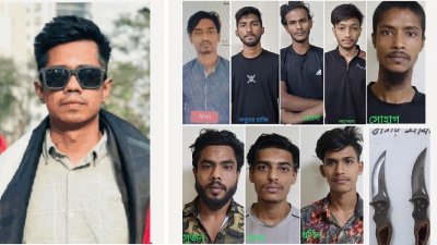 বায়ে নিহত শাহরিয়ার আলম সাম্য, ডানে আটক করা আসামিরা, শেষে উদ্ধার করা আলামত