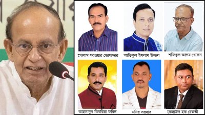 বাঁয়ে আনোয়ার হোসেন মঞ্জু, ডানে পদত্যাগকৃত নেতাকর্মী