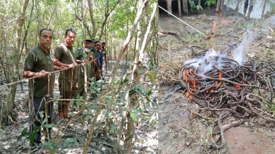 বাঁয়ে হরিণ শিকারের পাতা ফাঁদ, ডানে বিনষ্ট