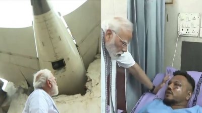 দুর্ঘটনাস্থলে মোদি (বাঁয়ে), হাসপাতালে কুমারের খোঁজ নিচ্ছেন। ছবি: এনডিটিভি