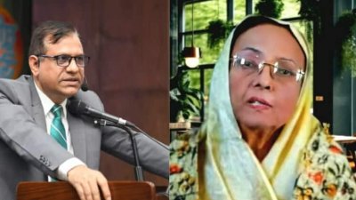বামে রেজাউল মাকছুদ জাহেদী, ডানে আলেয়া ফেরদৌসী।