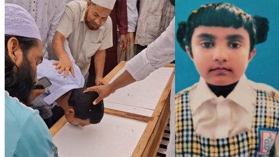 হুমায়রার কফিনে তার বাবা দেলোয়ার হোসেন চুমু খেয়ে মেয়েকে শেষ বিদায় জানান