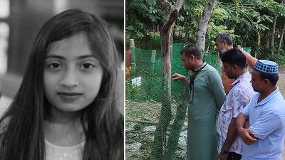 ফাতেমা আখতার (বামে), তার কবরের পাশে বাবাসহ অন্যরা (ডানে)