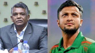 বিসিবি সভাপতি আমিনুল ইসলাম ও সাকিব আল হাসান।