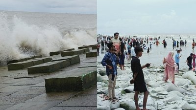 কুয়াকাটা সৈকতে আছড়ে পড়ছে বড় বড় ঢেউ, পর্যটকদের ঢল
