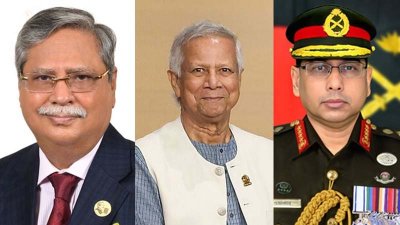 রাষ্ট্রপতি মো. সাহাবুদ্দিন, প্রধান উপদেষ্টা  প্রফেসর মুহাম্মদ ইউনূস ও সেনাপ্রধান জেনারেল ওয়াকার-উজ-জামান