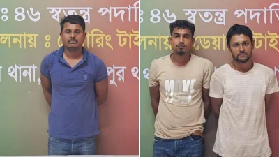 চাঁদাবাজ চক্রের মূলহোতা সাইদুল ওরফে কোপা সাইদুল (বাঁয়ে) এবং তার দুই সহযোগী গ্যারেজ সাইদুল ও রুবেল/কোলাজ