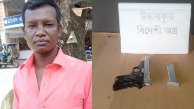ছিনিয়ে নেওয়া ব্যবসায়ী মোশারফ হোসেন ও উদ্ধারকৃত পিস্তল