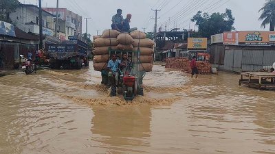 বাঁধ ভেঙে ঢুকে পড়া পানিতে ভেসে গেলো সড়ক