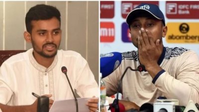 ক্রীড়া উপদেষ্টা আসিফ মাহমুদ সজীব ভূঁইয়া ও সাকিব আল হাসান।
