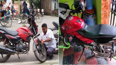বাড়ির কলাপসিবল গেট ভেঙে মোটরসাইকেল চুরি করে নিয়ে যাচ্ছে চোরেরা