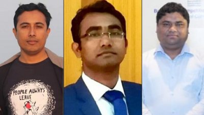 বাঁ থেকে সাংবাদিক আরিফুল ইসলাম রিগান, অভিযুক্ত রাহাতুল ইসলাম ও নাজিম উদ্দীন