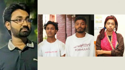 হত্যার শিকার জোবায়েদ হোসেন এবং গ্রেফতারকৃত মাহির রহমান, ফারদিন আহমেদ ও বার্জিস শাবনাম বর্ষা