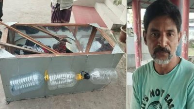 ভেসে থাকার কাজে ব্যবহৃত ট্রাংক ও আটক বীরেশ্বর দাসগুপ্ত