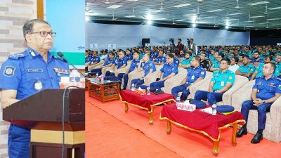 শনিবার সন্ধ্যায় রাজশাহী পুলিশ লাইনস ড্রিলশেডে মহানগর পুলিশ ও রাজশাহী রেঞ্জ পুলিশের যৌথ আয়োজনে মতবিনিময় সভায় বক্তব্য দেন আইজিপি বাহারুল আলম