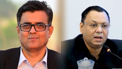 প্রধান উপদেষ্টার প্রেস সচিব শফিকুল আলম (বাঁয়ে) এবং বাংলাদেশ টেক্সটাইল মিলস অ্যাসোসিয়েশনের (বিটিএমএ) সভাপতি শওকত আজিজ রাসেল/কোলাজ