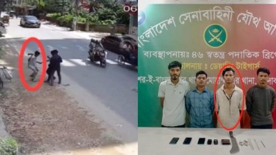 বাঁয়ের ছবিতে ছিনতাইয়ের দৃশ্য ডানের ছবিতে গ্রেফতার চার ছিনতাইকারী