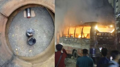 কাজীপাড়া মেট্রো স্টেশনের কাছে মেট্রোরেলের ট্র্যাক থেকে উদ্ধার করা ককটেল ও মহাখালীর দুর্যোগ ব্যবস্থাপনা অধিদফতরের সামনে বা‌সে আগুন (ছবি: সংগৃহীত)
