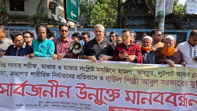 বাউল আবুল সরকারের মুক্তির দাবিতে মানববন্ধন