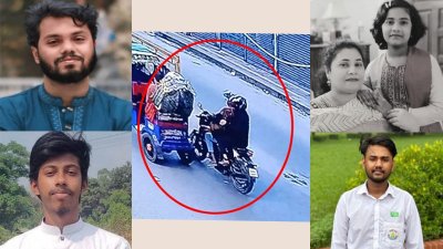 ওপরে বাঁ থেকে শরিফ ওসমান হাদির, মোহম্মদপুরে গৃহকর্মীর হাতে খুনের শিকার মা-মেয়ে, নিচে বাঁ থেকে চট্টগামের তাহমিদ খান ও তেজগাঁও কলেজের শিক্ষার্থী সাকিবুল হাসান রানা