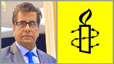 সাংবাদিক আনিস আলমগীর ও অ্যামনেস্টি ইন্টারন্যাশনালের লোগো। কোলাজ ছবি