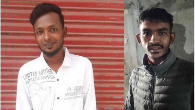 গ্রেফতার ডি কে শামীম ওরফে ঢাকাইয়া শামীম (বাঁয়ে) এবং তার সহযোগী মহাদীন