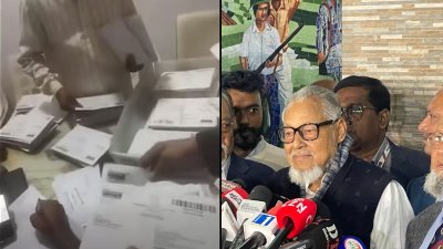 ভাইরাল একটি ভিডিওর স্ক্রিনশট (বামে), ইসি ভবনে সাংবাদিকদের সঙ্গে কথা বলছেন নজরুল ইসলাম খান (ডানে)