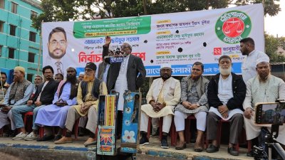 নির্বাচনি সমাবেশে বক্তব্য দিয়েছেন জামায়াতে ইসলামীর কেন্দ্রীয় কর্মপরিষদ সদস্য অধ্যাপক আহসান উল্লাহ ভূঁইয়া