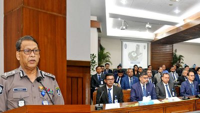 পুলিশ হেডকোয়ার্টার্সের হল অব ইন্টেগ্রিটিতে আয়োজিত অনুষ্ঠানে কথা বলছেন আইজিপি বাহারুল আলম। ছবি: সংগৃহীত